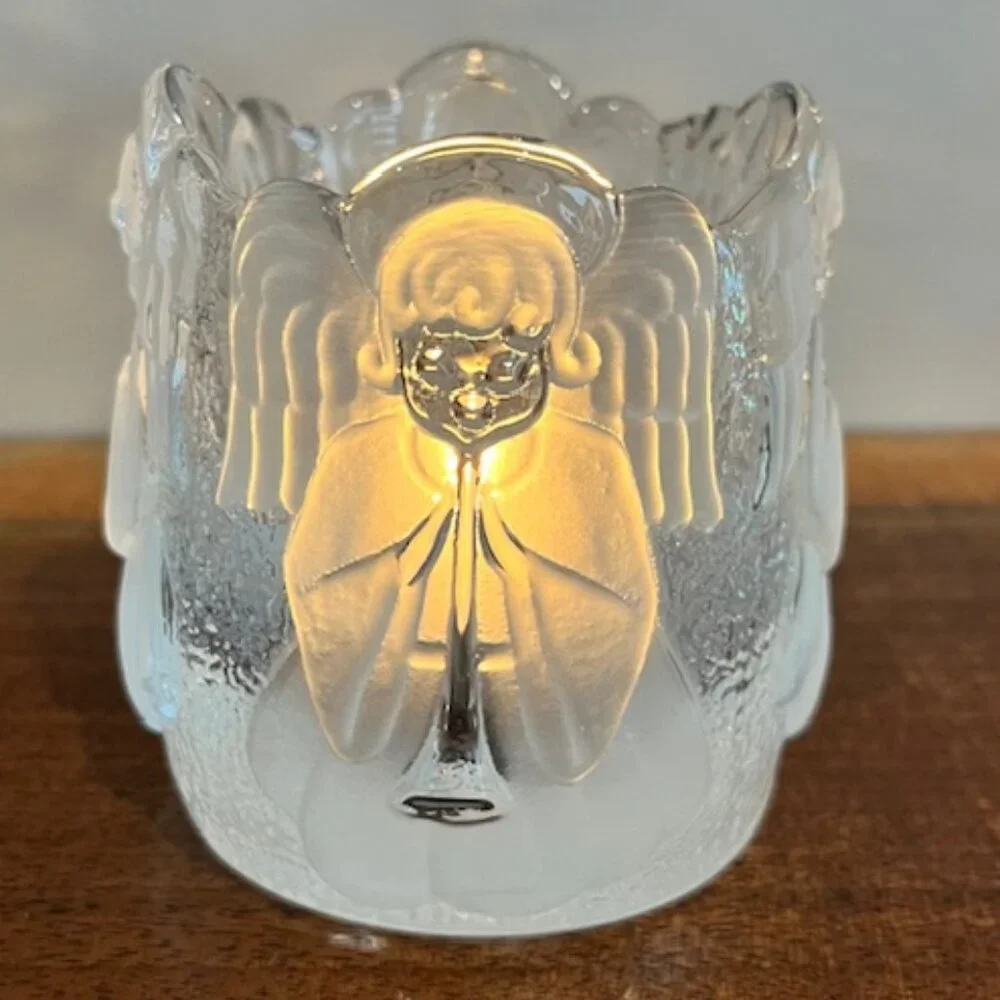 Pair Nybro Sweden Crystal Frosted Glass Angel Santa Votive Candle Holders